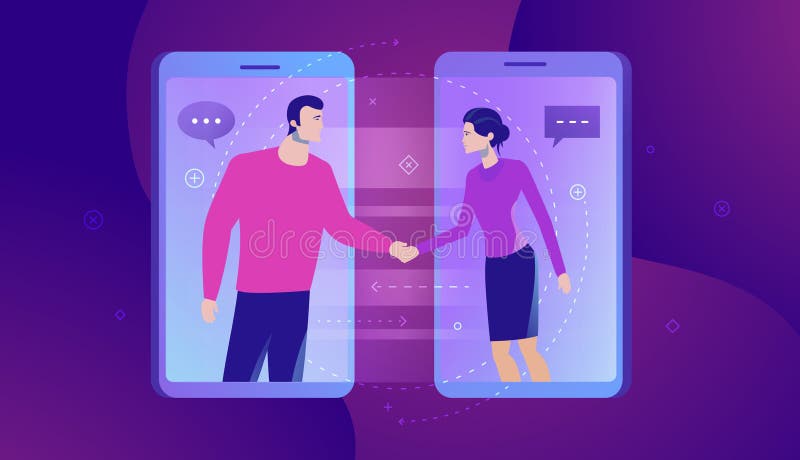 Онлайн сообщение Businesspersons тряся руки через дисплей телефона Иллюстрация вектора концепции дела иллюстрация штока